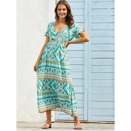 Bohemian Floral Print Plunge Neck Maxi Dress