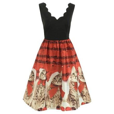 Christmas Musical Notes And Cats Flare Dress