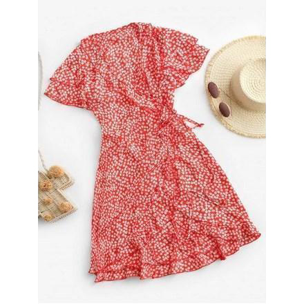 Ditsy Floral Ruffles Layered Sleeve Wrap Dress